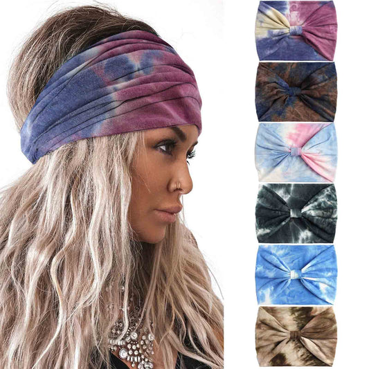 Olbye Wide Headbands Women Knotted Headband Non Slip Elastic Hair Bands Tie Dye Turban Head Wraps Workout Yoga Sports Sweatbands Boho Headbands for Women Fashion Hair Accessories Pack of 6 (Pattern D)