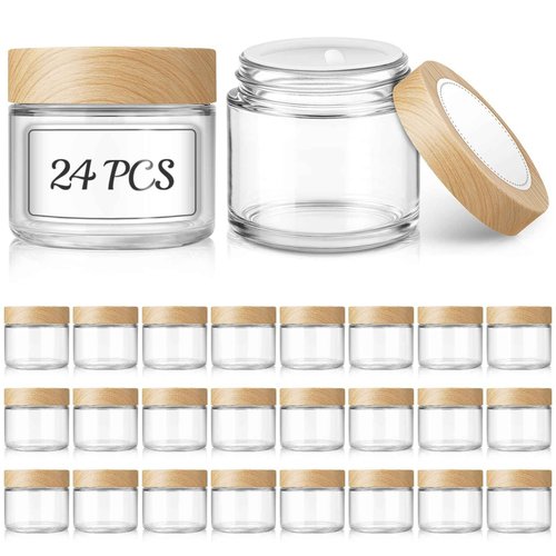 Bumobum 2 oz Small Glass Jars with Plastic Woodgrain Lids, 24 Pack Clear Glass Cosmetic Jars with Inner Liners, 60ml Refillable Empty Sample Containers for Cream, Salve, Powders and Lotion Storage