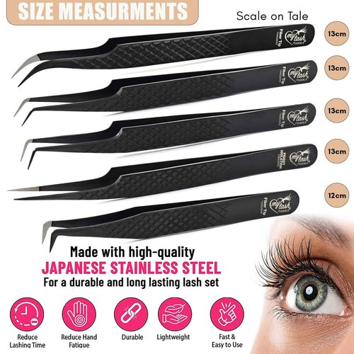 Fiber Tip Lash Tweezers Set for Eyelash Extensions – Curved Classic, Mega 90 Degree Boot, 45 Degree Angle & Isolation Tweezer, Stainless Steel Precision, Non Slip Professional Application Kit