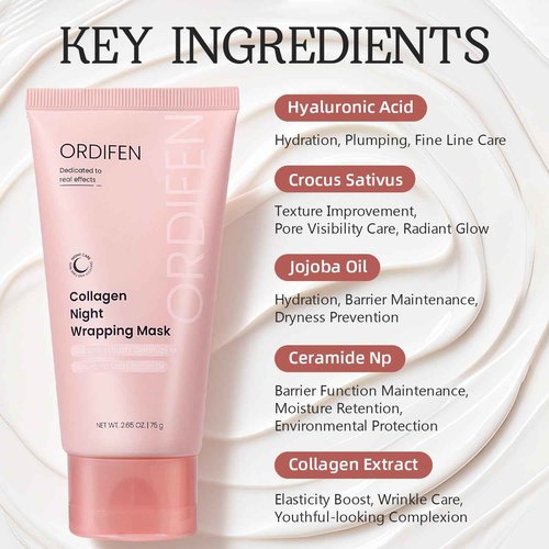 ORDIFEN Collagen Night Wrapping Mask for Glowing Skin, Collagen Overnight Wrapping Peel Off Facial Mask for Elasticity Hydration, Reduce Sagging Dullness, 2.65 fl.oz, Pink(Brush Included)