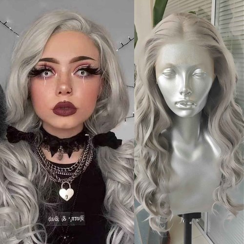 RDY Sliver Grey Long Body Wave Lace Front Wig Middle Part Natural Wavy Heat Resistant Fiber Synthetic Wigs for Women Girls Party Cosplay Wear 24 Inch