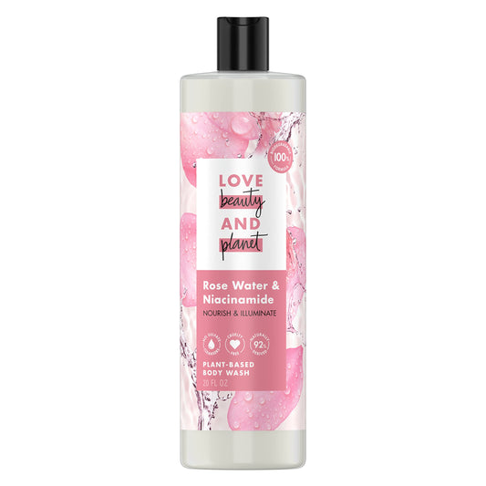 Love Beauty and Planet Plant-Based Body Wash Nourish and Illuminate Skin Rose Water and Niacinamide Made with Plant-Based Cleansers and Skin Care Ingredients, 100% Biodegradable 20 fl oz