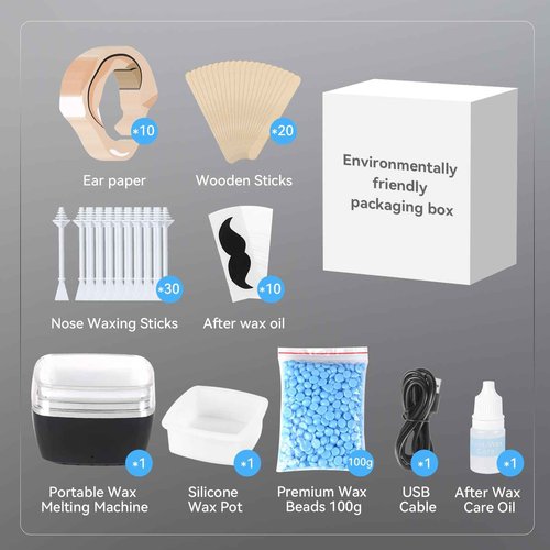 FOCTXI Nose Wax Kit - Portable Ear Nose Hair Waxing Kit for Men and Women with 100g Ｗax, 20 Applicators, 30 Nose Hair Sticks, 10 Mustache & 10 Ear Protectors, Wax Warmer Kit for Hair Removal