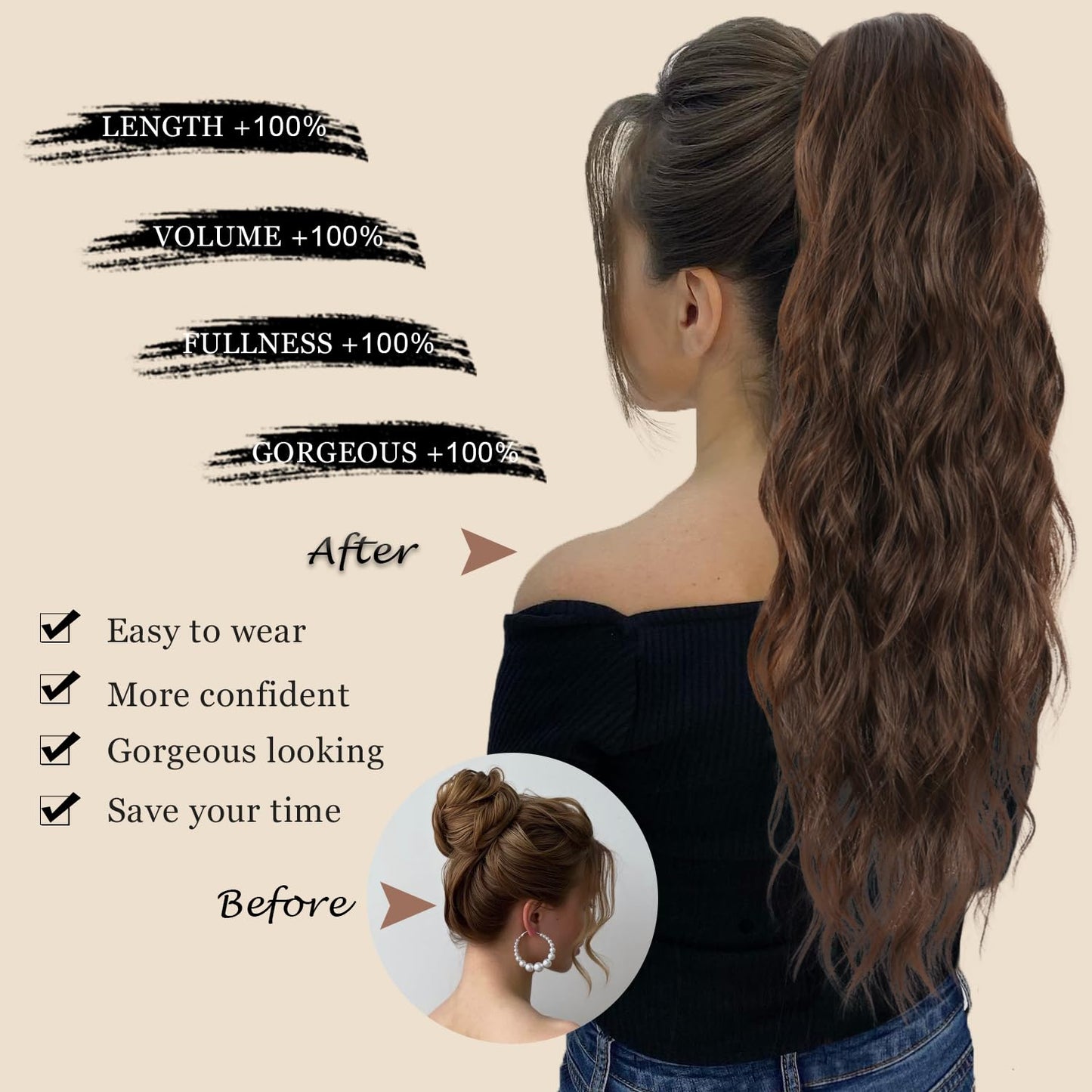 SheBeautee Ponytail Extension Drawstring Ponytail Hair Extensions for Women Long Curly Wavy Synthetic Hairpiece for Daily Use Party (26 Inch, Deepest Brown)