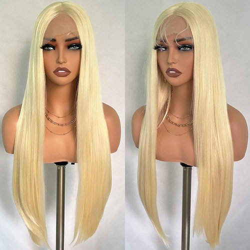 UREMY Synthetic Lace Front Wig 613 Blonde 32 Inch Long Straight Layered Wigs Middle Part with Baby Hair Pre Plucked Transparent Lace Soft Silky Hair for Women