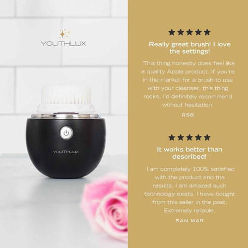 YOUTHLUX Pure Radiance, Vibrating Facial Cleansing Brush, Electric, 3 Modes, 3 Brush Heads (2 Bristle,1 Silicone), Waterproof, Rechargeable, Smart Timer, Exfoliating, Massage (Black)