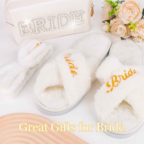 CIEHER Bride To Be Gift Set - Bride Spa Headband & Slippers, Makeup Bag, Bridal Gifts for Bachelorette Party Favors Bridal Shower Wedding Day