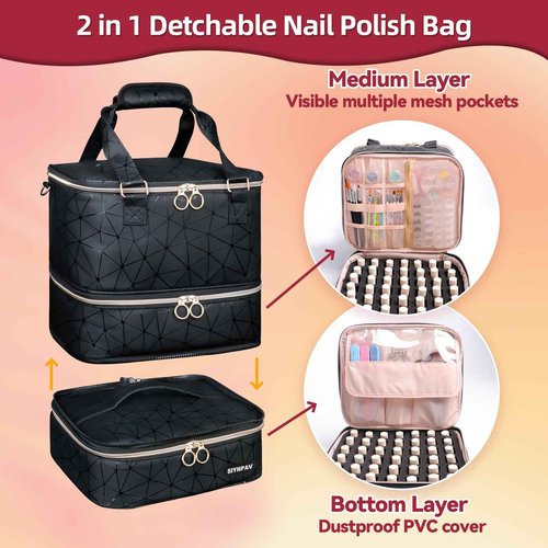 SIYNPAV Nail Polish Organizer Bag Holds 84 Bottles (15ml/0.5fl.oz)& Nail Lamp, 3 Layers Detachable Nail Kit Storage Case PU Leather, Large Travel Nail Supplies Shoulder Bag for Manicure Tools (Black)