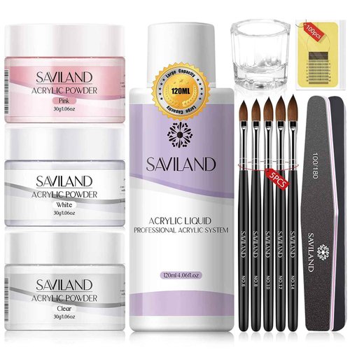 SAVILAND Acrylic Nail Kit: Big Capacity Acrylic Liquid 120ml and 30g Clear Pink White Powder Set with 5 Sizes Brushes for Beginner Nail Kit for Full Professional Nail Art Designs Home DIY Salon Gift