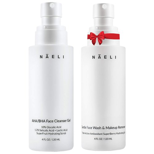 NAELI Gentle Facial Cleanser & AHA/BHA Exfoliator Face Wash, Anti Aging Set to Brighten, Minimize Pores & Reduce Wrinkles - Holiday Skincare Gift for Women & Men, Natural, Vegan & Cruelty Free, 4oz