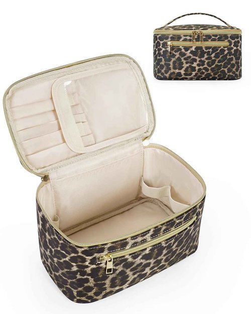 Wandering Nature Makeup Bag, Travel Make Up Organizer Cosmetic Brush Bags Case for Women in Vegan Leather, Leopard Print, Patent Pending