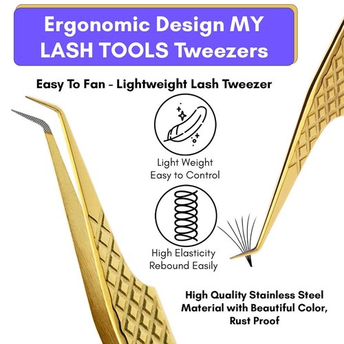 Fiber Tip Lash Tweezer 45 Degree Tip – Non Slip Diamond Grip, Precision Stainless Steel Eyelash Extension Tool, Professional Volume & Classic Lash Applicator for Salon and Home Use (Gold)