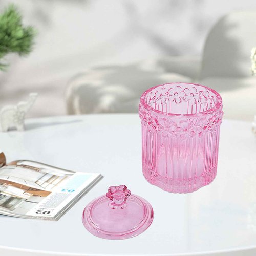 2 Pack Qtip Holder Glass Apothecary Jars with Lids Set, Crystal Q-tip Canister Jar Bathroom Vanity Organizer for Cotton Ball, Cotton Swab, Floss, Candy - Clear (Pink)
