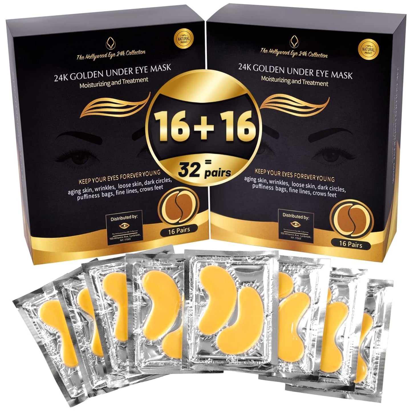 24K Gold Under Eye Patches, Eye Mask,Eye Patches for Puffy Eyes and Dark Circles, Eye Masks Skincare (32 Pairs (Pack of 2))