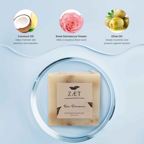 ZÆT 8-Pack Rose Damascene Bar Soap – Natural Rose Extract with Olive Oil and Coconut Oil - Handmade Soap Bar for Face and Body - Gently Cleanses and Hydrates All Skin Types- For Men and Women