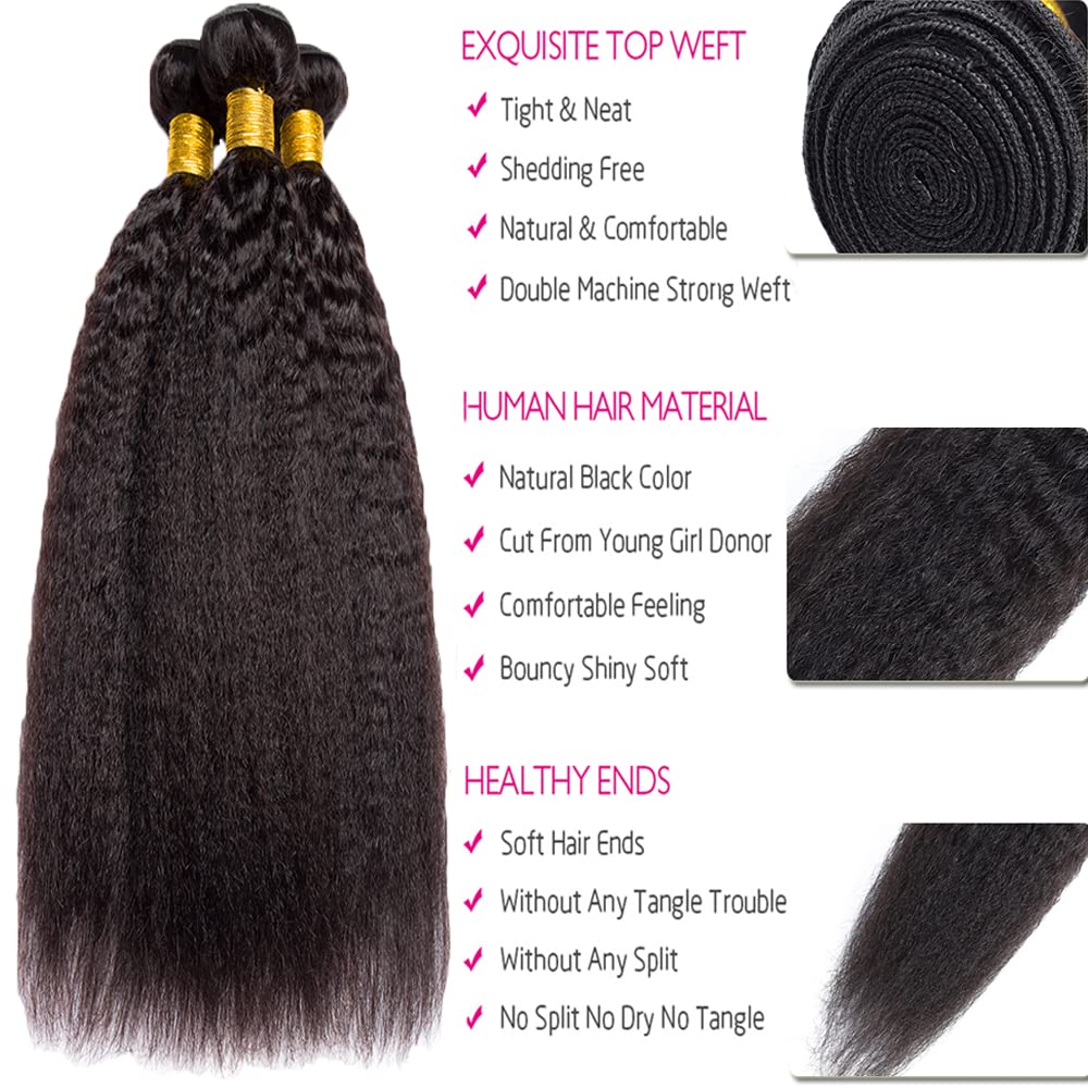 Kinky Straight Human Hair Bundles 10 12 14 Inch Natural Color Unprocessed Brazilian Virgin Hair 8A Grade Kinky Straight Bundles Human Hair Double Weft Weave Extensions Hair Soft And Healthy