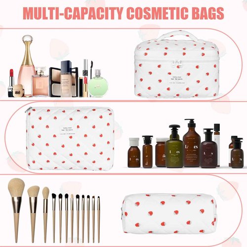 BuyCard Quilted Makeup Bag Set, 3Pcs Cotton Floral Cosmetic Bags, Cute Aesthetic Coquette Makeup Bag Travel Cosmetic Organizer with Toiletry Pouch & Brush Holder for Women, Strawberry Beige