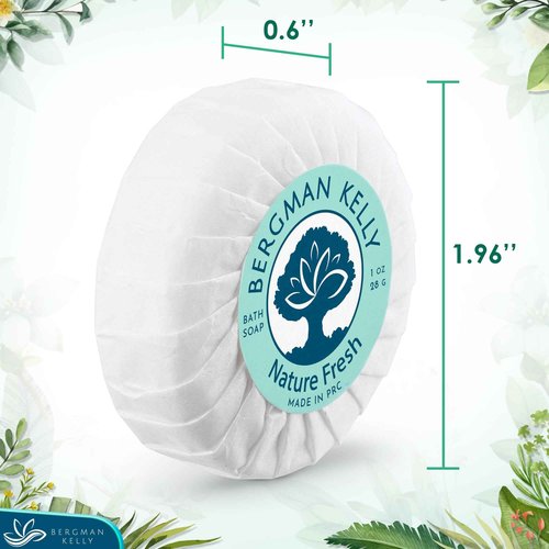 BERGMAN KELLY - Hotel Soap Bars - Nature Fresh, 1 oz, 100 PK - Travel Size Luxury Bulk Amenities Bar Soap - Mini Individually Wrapped Round Soap - Small Toiletries for Airbnb, Motel, Guest Bathroom
