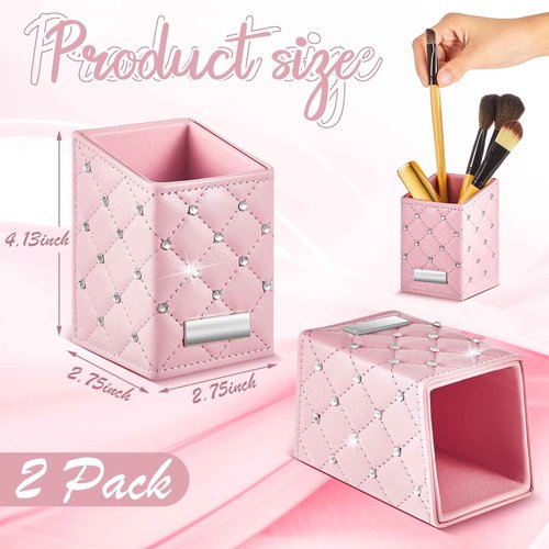 ReliThick 2 Pcs Pink Makeup Brush Holder Crystal Bling Brushes Cup PU Leather Waterproof Glitter Makeup Holder for Women Travel Cosmetic Storage Organizer Dresser Vanity Accessories
