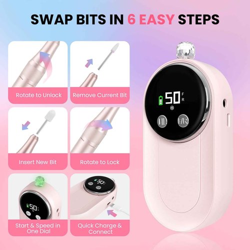 FLORAVIC Nail Drill Professional, 50000RPM Rechargeable Cordless Electric Nail Kit with Bits & Anti-Slip Pad, Portable for Acrylic/Gel Removal & Faster Shaping, Manicure & Pedicure at Home or Salon