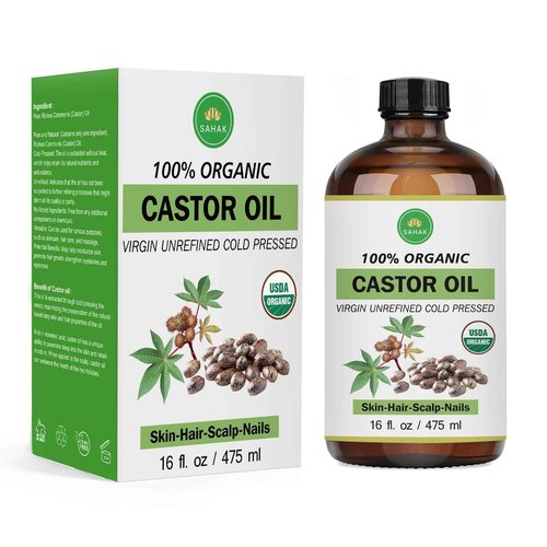 Castor Oil Organic - Cold Pressed USDA Certified, for Hair Growth Hexane-Free Extra Virgin for Skin Castor Oil Pack Stimulates Lashes & Eyebrows, 100% Pure - 16oz Glass Bottle