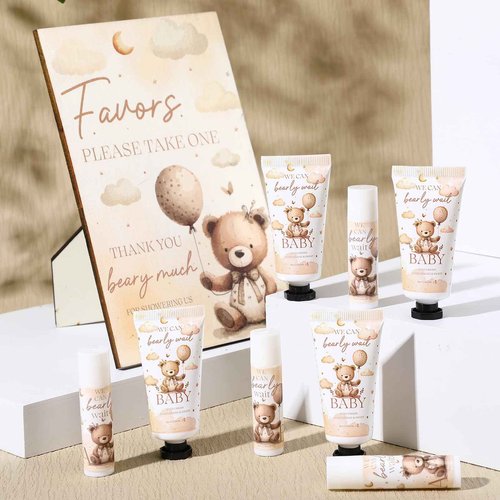 Dansib 30 Set Gender Reveal Gifts for Guests 30 Pcs Bear Baby Shower Hand Cream and 30 Pcs Lip Balm with 1 Wooden Stand Baby Shower Games Prizes Party Favors for Guests for Gender Reveal Souvenirs