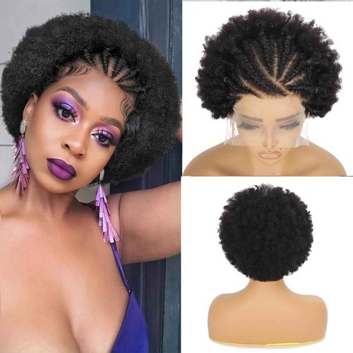 SODLIS Braided Wigs for Black Women 13x6 Lace Front Braideds Wigs Afro Puff Lace Frontal Hair Wig Afro KinkyCurly Human Hair Brazilian Curly Lace Front Wig 6 Inch