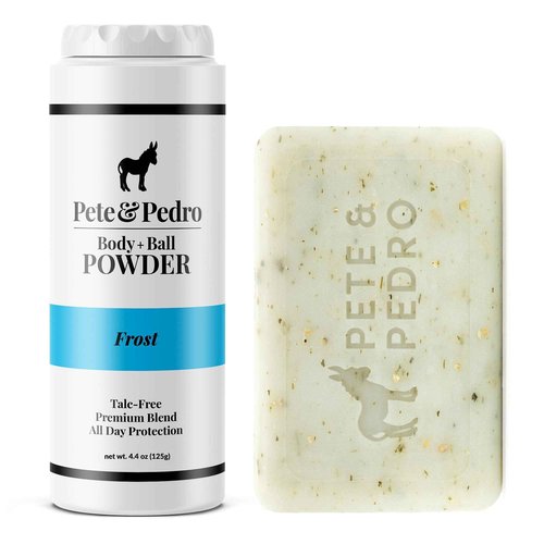 Pete & Pedro FROST Body & Balls Powder & FRESH Natural Body Bar Soap Combo – Talc-Free Ball Powder for Men 4.4 oz | Hydrating & Exfoliating Soap Bar Shea Butter & Pumice 5 oz | Eliminates Sweat & Odor