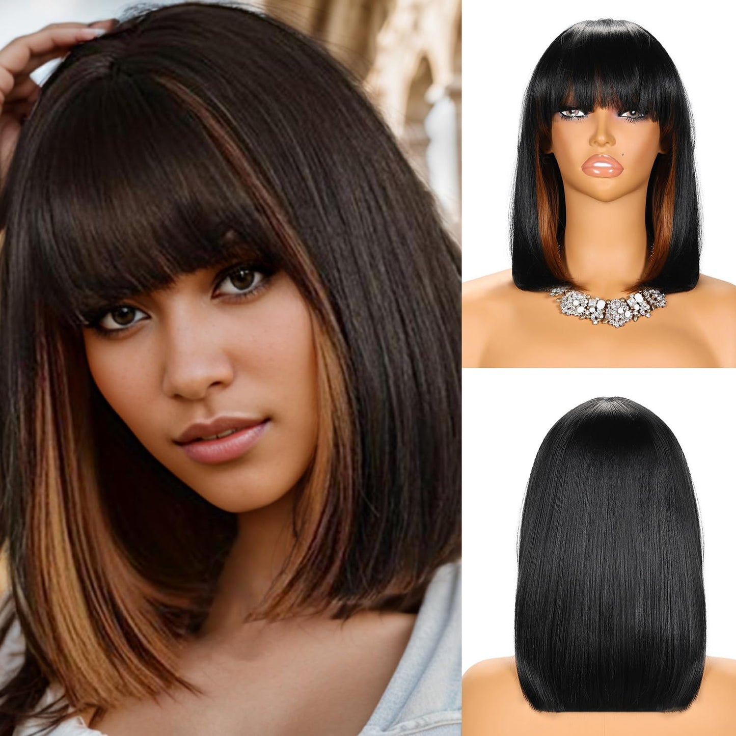 YYHR BLunt Cut Bob Wig With Bangs 14" Peek-a-boo Color Black Mix Brown Yaki Straight Synthetic Hair Wigs For Black Women, Shoulder Length Synthetic Hair Replacement Wigs (14 Inch,S1B/30)