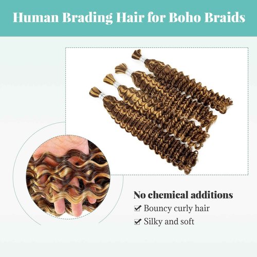 Human Braiding Hair for Boho Braids Deep Water Wave Bulk Human Hair for Braiding Curly Wet and Wavy 4/27 Brown with Honey Blonde Highlight Twist Hair Braiding 14 Inch No Weft 2 Bundles 100G