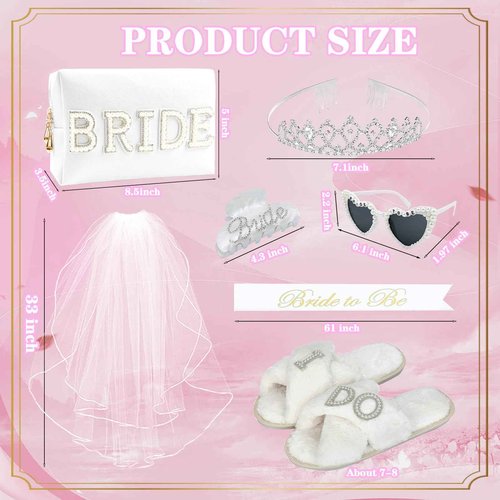 Bachelorette Gifts for Bride, Bride to Be Gifts, Bachelorette Party Decorations,Wedding Veil, Bride Makeup Bag, Bride Slippers, Bride Sash, Bride Hair Clip, Bridal Shower Gifts for Women Girls