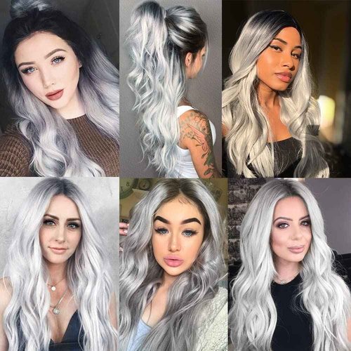 Hailookmey Human Hair Bundles 2 Tone Black To Grey Color T1B Grey Body Wave Brazilian Unprocessed Virgin Human Hair Quick Weave Extensions (12 14 16 Inch T1B/Grey Body Wave)