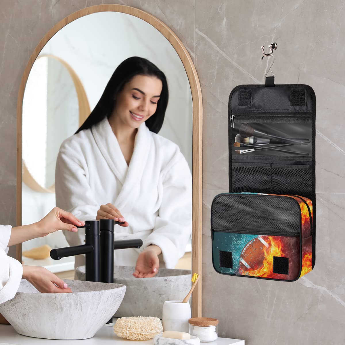 OMFUNS American Football Toiletry Bag for Women Men with Hanging Hook Fire Sport Ball Travel Cosmetic Bag Makeup Case Shaving Bag Organizer Pouch Bathroom Shower Toiletries Accessories