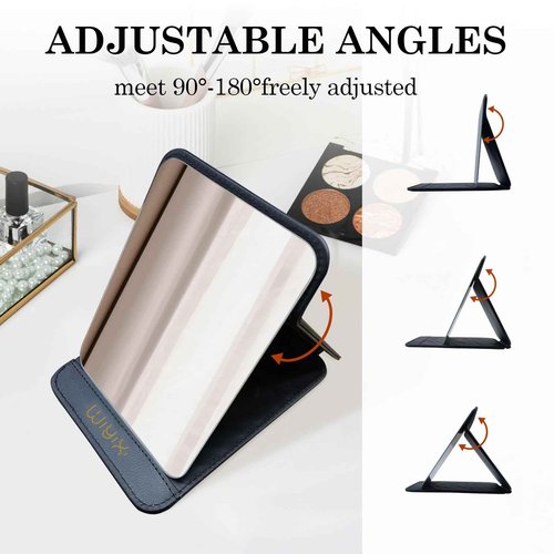 SYHITOU Foldable Travel Makeup Mirror, Adjustable Angle Portable Standing Vanity Mirror, Compact PU Leather Design for Home/Camping/Desktop Use,Classic Black (8.4"x6")