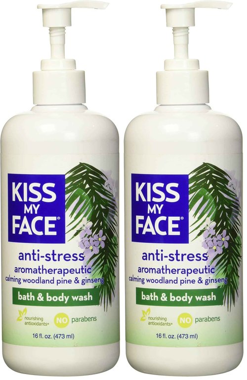 Kiss My Face Anti-Stress Woodland Pine & Ginseng Shower Gel - Rejuvenate Your Mood With Ginseng & Woodland Pine - Antioxidant Blend of Olive Oil, Aloe & Vitamin E - 16 fl oz Bottle (Pack of 2)