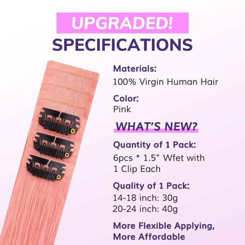 IDN BEAUTY Seamless Clip In Hair Extensions Human Hair, 20 Inch 40g 6Pcs Pink Straight Real Virgin Human Hair Seamless Clip Ins For Black Women PU Weft Invisible Edge