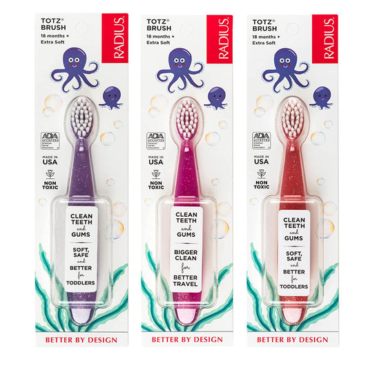 RADIUS Totz Toothbrush Extra Soft Brush BPA Free & ADA Accepted Designed for Delicate Teeth & Gums for Children 18 Months & Up - Purple Pink Coral - Pack of 3