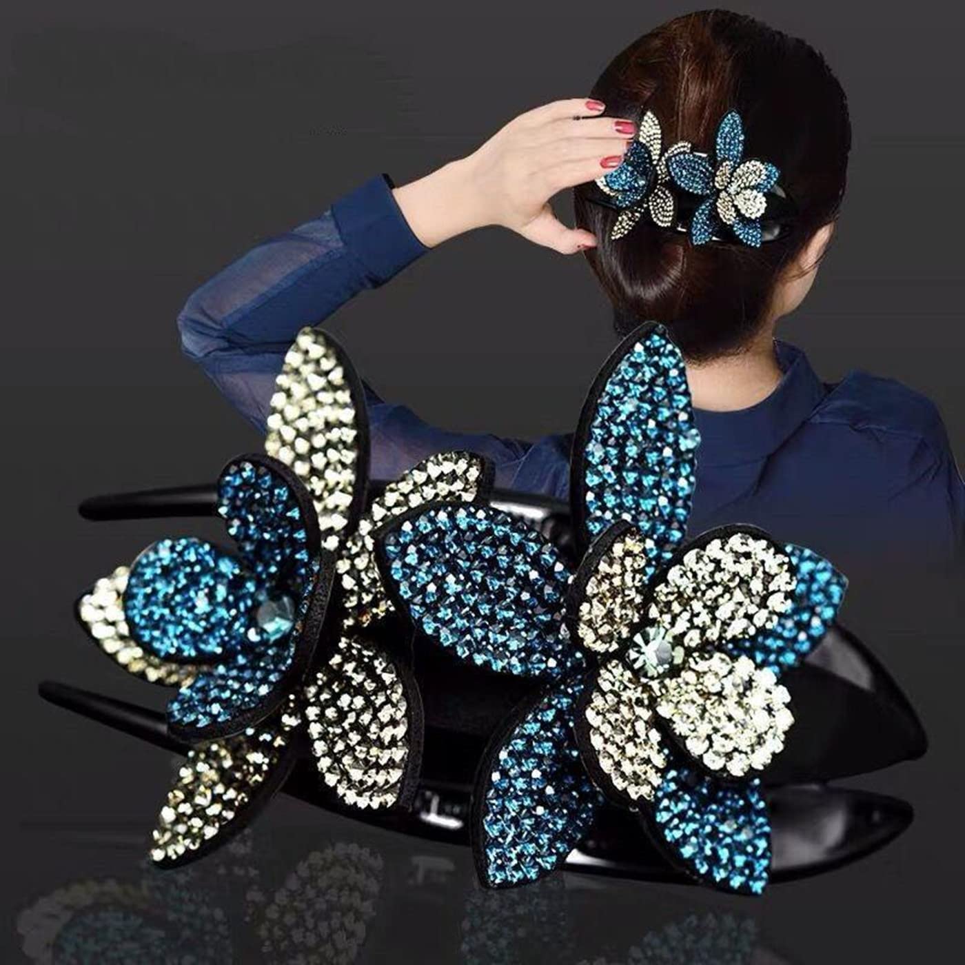 5 Pcs Double Flower Rhinestone Hair Clips fancy decorative hair clip hair accessories for women crystal hair barrettes hair decorations women thick hair(Chinese style)