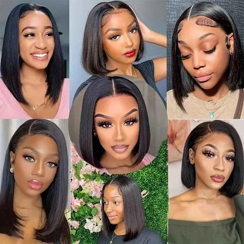 TONGMAY Bob Wig Human Hair 13x4 HD Transparent Lace Frontal Wigs for Women Glueless Short Straight Bob Lace Front Bob Wigs Pre Plucked with Baby Hair 180% Density Natural Black 10 Inch