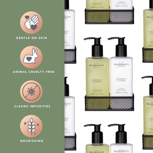 Hand Wash & Body Lotion Caddy Set (Grapefruit & Citron) - 10.1 Fl Oz Each - Gentle Cleanser for Sensitive Skin - Moisturizing & Hydrating Hand Cream - All Natural Cruelty Free Body Wash - Pecksniff’s