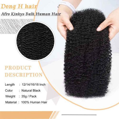 Dong H hair Afro Kinkys Bulk Human Hair for Braiding Afro Kinky-Curly Human Hair Bulk for Mini Twist Afro Kinky Bulk Hair for Dreadlocks Extensions Repair Locs Micro Locs Extension 14Inch(1B,35g/pack)