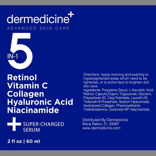 5 in 1 Potent Face Serum with Retinol, Vitamin C, Collagen, Hyaluronic Acid, Niacinamide | May Help Improve Appearance of Fine Lines and Reduce Appearance of Dark Spots | 2 fl oz / 60 ml