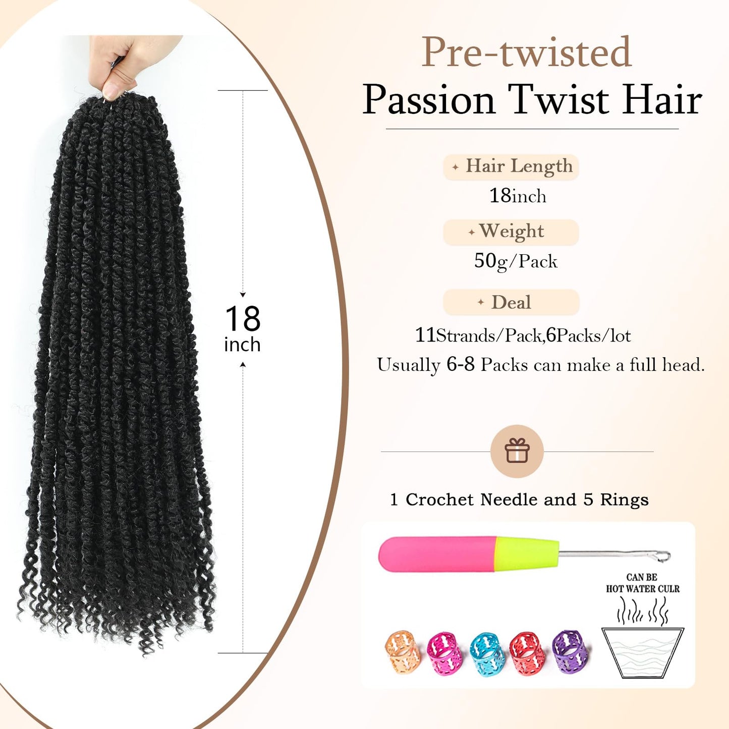 BEFUNNY Passion Twist Crochet Hair,18 Inch 6 Packs Pretwisted Passion Twist Hair, Soft Pre Looped And Pre twist Crochet Hair For Women,Prelooped Black Curly Bohemian Crochet Braids(18",6packs,1B#)