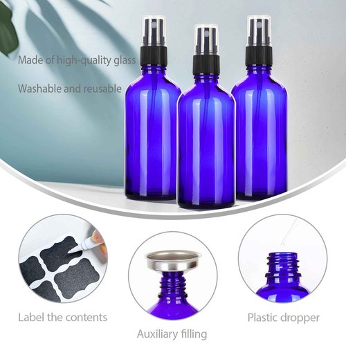 ALIFEIA 3.4 oz Glass Blue Spray Bottles,Small Empty Fine Mist Refillable Travel Spray Bottle for Cleaning,Perfume,Aromatherapy,Cosmetic Sprays,Hair,Essential Oils with Fine Mist Dispenser（6 Pack）