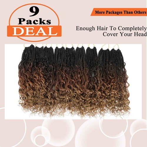 Flagship 9 Packs Goddess Box Braids Crochet Hair for Black Women,14 Inch Pre-looped Ombre 3Tone Crochet Braids with Curly Ends,Bohemian Hippie Box Braids Crochet Hair Curly Crochet Hair -1B/30/27