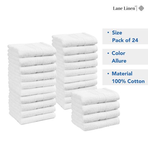 LANE LINEN 100% Cotton Washcloths 24 Pack - Spa & Salon Quality Face Towels - Ring Spun, Soft & Absorbent Wash Cloth Rags for Body, Beauty, Home, Gym - Fingertip Towels - 13"x13", White Washcloths