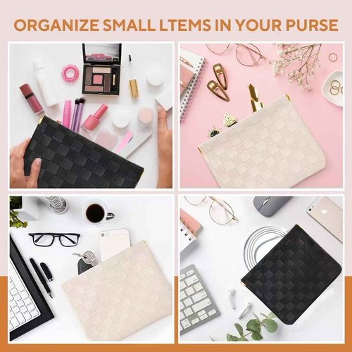 MZLUWM 2-Pack Small Waterproof Checkered Makeup Bag - Portable Leather Travel Toiletry Bag Organizer with Snap Closure, Aesthetic Travel Storage Pouches for Women's cosmetic bag for purse