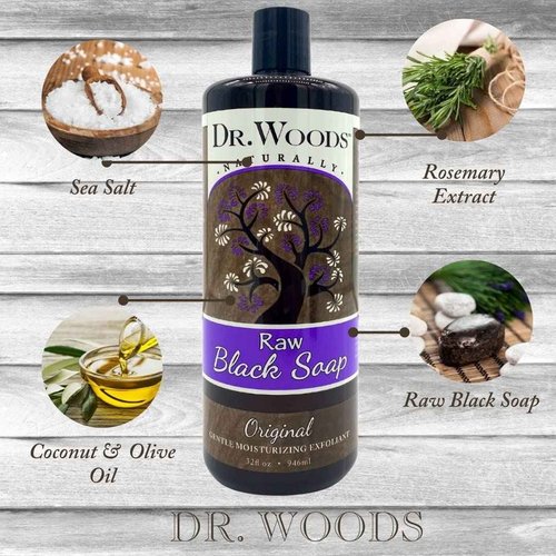 Dr. Woods Raw Liquid Black Soap, Body Wash for Men and Women, Gentle Exfoliant, Natural Cleanser for Face, Hands, and Body - 32 Fl Oz, Pack of 2