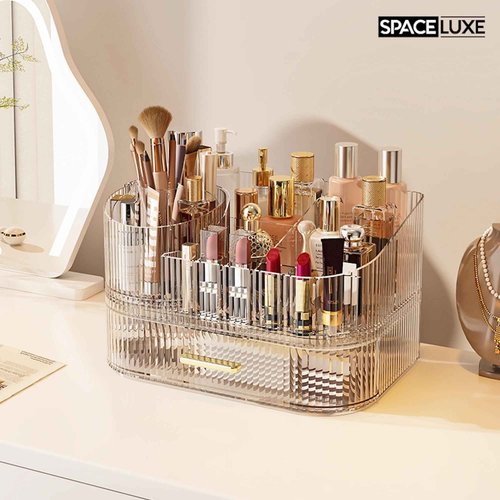 SpaceLuxe Makeup Organizer with Drawers and 360° Rotating Brush Holder, Large Capacity Cosmetic Storage for Vanity, Skincare, Perfume, Hair Accessories, Lipstick & Jewelry (Clear, 2-layer)