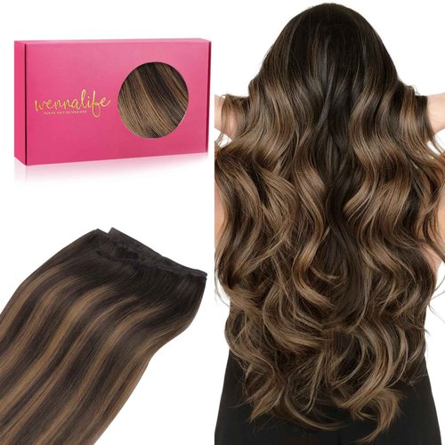 WENNALIFE Sew in Hair Extensions Real Human Hair, Weft Hair Extensions Human Hair 16 Inch 80g Balayage Dark Brown to Chestnut Brown Hand Tied Weft Straight Extensiones De Cabello Hmano
